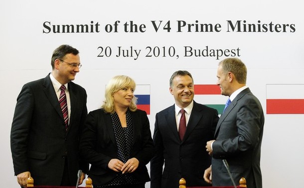 Visegrad Four Prime Ministers: Petr Necas Czech Republic, Iveta Radicova Slovakia, Viktor Orban Hungary, Donald Tusk Poland.