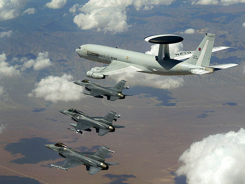 NATO E-3 AWAC flying with three U.S. Air Force F-16s in a 2003 exercise