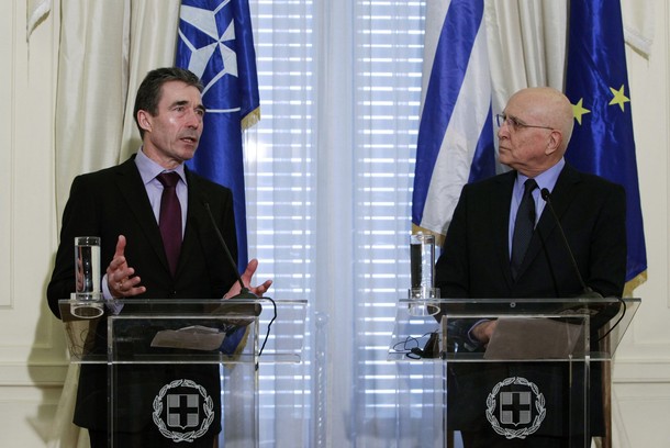 NATO Secretary General Anders Fogh Rasmussen and Greek Foreign Minister Stavros Dimas, February 16, 2012