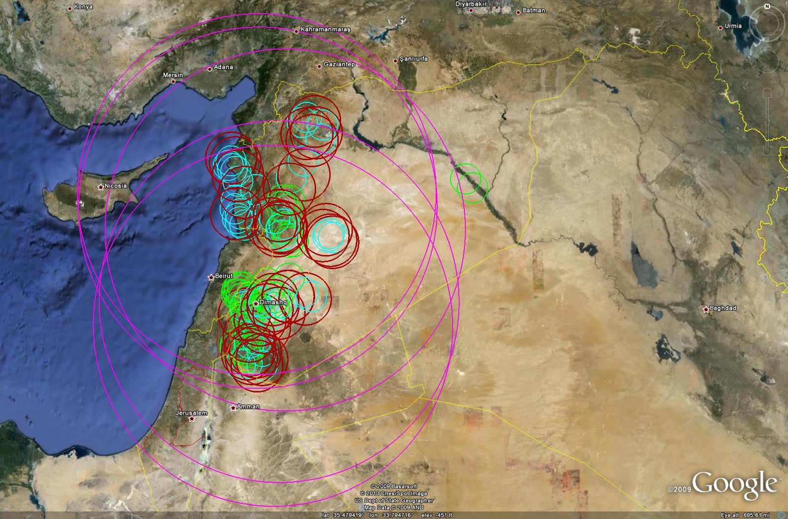Overall SAM coverage by Syrian air defense sites
