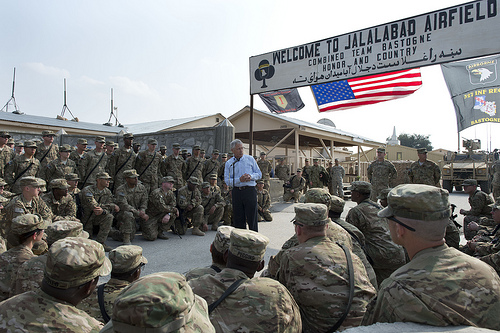 Secretary Chuck Hagel speaks to 101st troops in Afghanistan