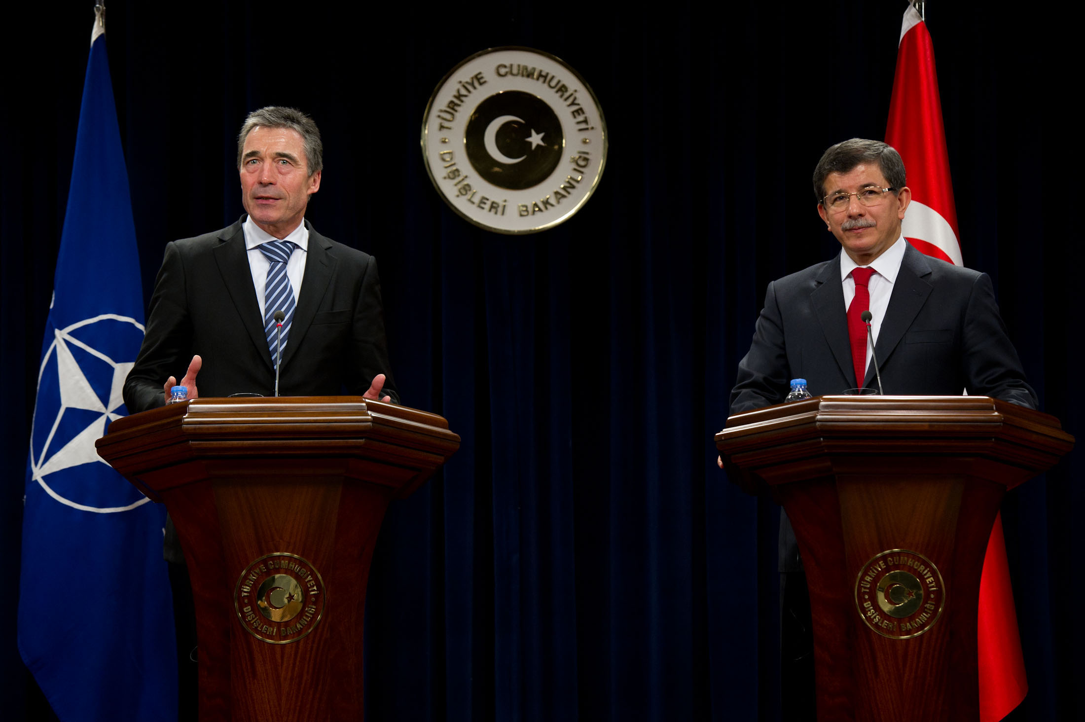NATO Secretary General Anders Fogh Rasmussen and Turkish Minister of Foreign Minister Ahmet Davutoglu, Feb. 17, 2012