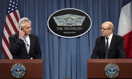 Secretary of Defense Chuck Hagel and French Defense Minister Jean-Yves Le Drian