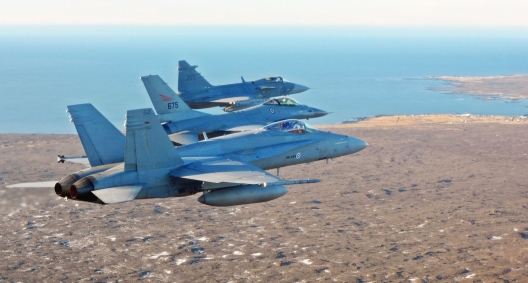 A Swedish JAS 39 Gripen, Norwegian F-16, and Finnish F/A-18 Hornet participating in Iceland Air Meet 2014