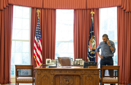 President Barack Obama Talking on Phone with Russian President Vladimir Putin, March 1, 2014