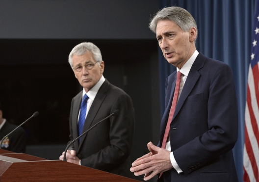 Secretary of Defense Chuck Hagel and UK Minister of Defense Philip Hammond