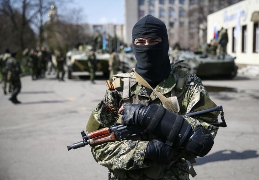 An armed man in Slaviansk, Ukraine April 16, 2014