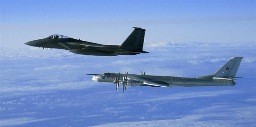 US F-15 Eagle tracking Russian Tu-95 Bear Bomber near coast of Alaska, Sept. 28, 2008