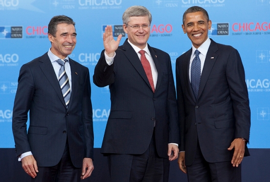 Secretary General Anders Fogh Rasmussen, Canadian Prime Minister Stephen Harper, and President Barack Obama