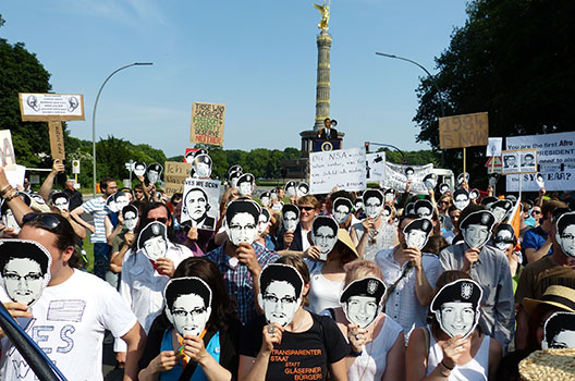 Demonstrators in Berlin protested the controversial US surveillance program PRISM during Barack Obama’s October 2013 visit. Source: Mike Herbst (licensed under Creative Commons).