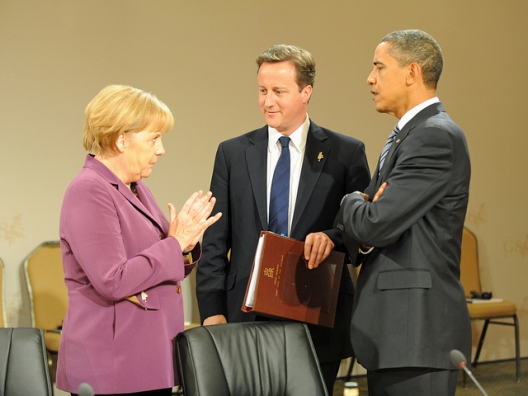 German Chancellor Angela Merkel, UK PM David Cameron, & President Barack Obama, June 25, 2009