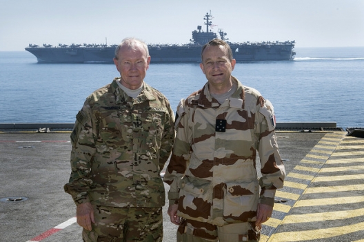 Gen. Martin Dempsey and Gen. Pierre de Villiers aboard the French aircraft carrier Charles de Gaulle, March 8, 2015