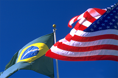Brazilian and US flags fly outside the InterContinental Hotel in Rio de Janeiro. Photo by Larry Luxner.