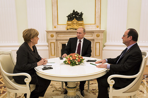 Chancellor Angela Merkel, President Vladimir Putin, and President Francois Hollande, Feb. 21, 2015