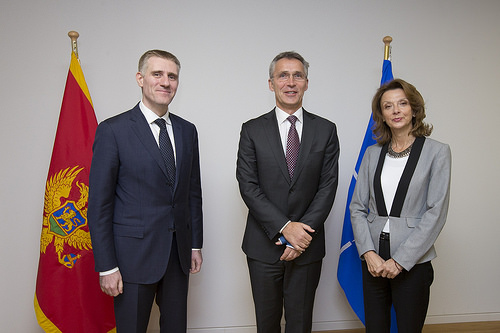 Montenegro's Deputy Prime Minister Igor Luksic and Defense Minister Milica Pejanovic-Djurisic, with Secretary General Jens Stoltenber, Nov. 25, 2015