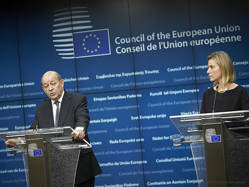 French Defense Minister Jean-Yves Le Drian and EU High Representative Federica Mogherini, Nov. 17, 2015