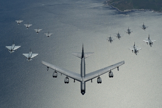 A US B-52, two Polish  F-16s, two German Eurofighters, four Swedish Gripens, and four US F-16s, June 14, 2016