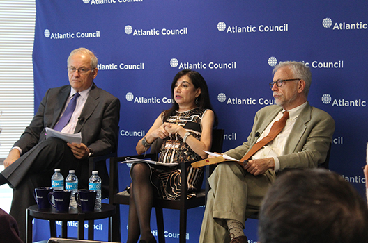 Amb. Frederic Hof, Ms. Geneive Abdo, and Dr. Nathan Brown speaking at the event