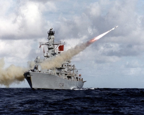  HMS Iron Duke fires Harpoon missile, Oct. 18, 2010