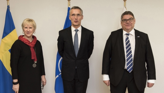 Swedish Foreign Minister Margo Wallstrom, Secretary General Jens Stoltenberg, and Finnish Foreign Minister Timo Soini, Dec. 1, 2015