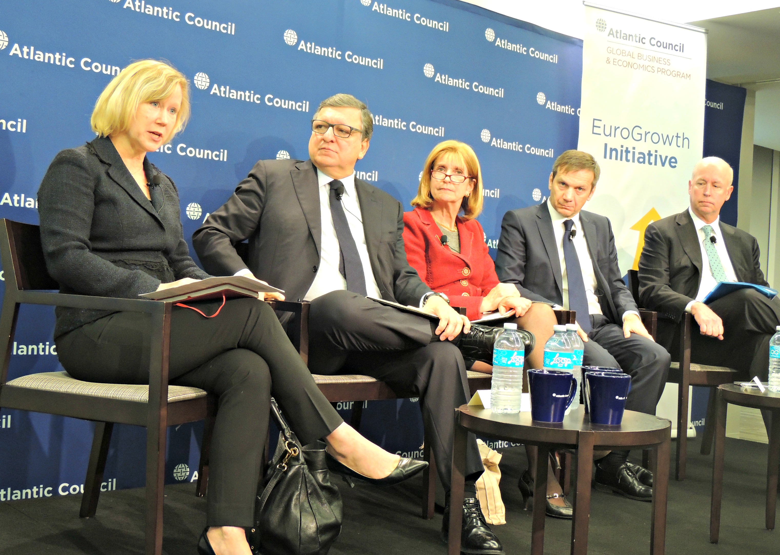 Panel II, featuring (from left to right) Susan Lund, Jose Barroso, Paula Dobriansky, Gordon Bajnai, and Raymond McDaniel, addresses the transatlantic effects of US and EU economic policies.