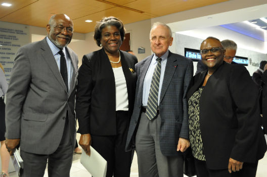 Thomas-Greenfield (second from the left) with three of her predecessors as assistant secretary of state for African affairs (left to right): the Honorable Johnnie Carson, the Honorable Herman Cohen, and the Honorable Jendayi Frazer.