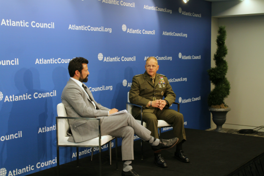 General Robert Neller, Commandant of the US Marine Corps, speaks with moderator Kevin Baron during a Commanders Series event at the Atlantic Council.