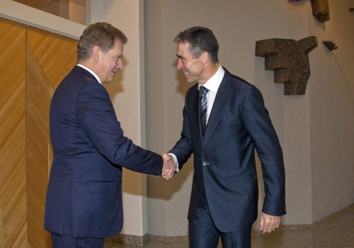 President of Finland Sauli Niinisto and NATO Secretary General Anders Fogh Rasmussen, Nov. 14, 2012