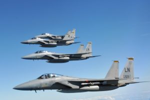 Four U.S. Air Force F-15C Eagles on their way to Arctic Challenge exercise