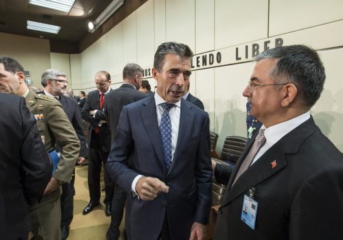 NATO Secretary General Anders Fogh Rasmussen and Turkey's Minister of Defense Ismet Yilmaz, October 22, 2013