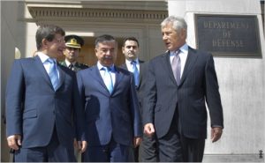 Turkish Foreign Minister Ahmet Davutoglu and Secretary of Defense Chuck Hagel