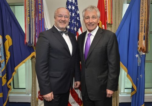 Lithuanian Defense Minister Juozas Olekas and Secretary of Defense Chuck Hagel