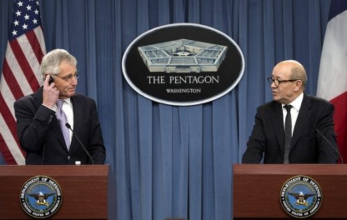 Secretary of Defense Chuck Hagel and French Defense Minister Jean-Yves Le Drian