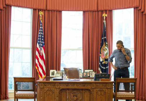 President Barack Obama Talking on Phone with Russian President Vladimir Putin, March 1, 2014