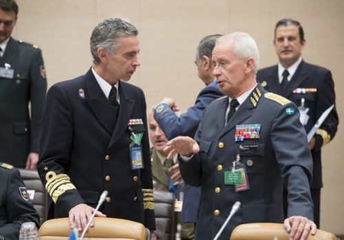 Swedish Chief of Defense Gen. Sverker Goranson (on right) at NATO headquarters, May 21, 2014