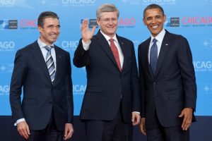 Secretary General Anders Fogh Rasmussen, Canadian Prime Minister Stephen Harper, and President Barack Obama