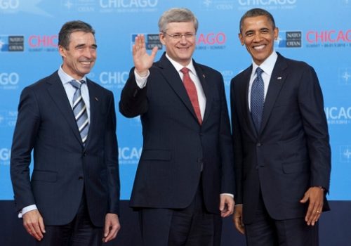 Secretary General Anders Fogh Rasmussen, Canadian Prime Minister Stephen Harper, and President Barack Obama