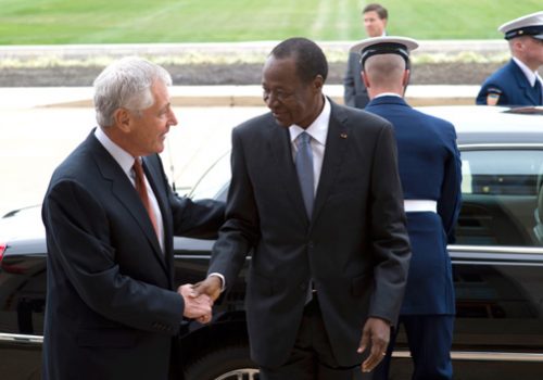 Secretary of Defense Chuck Hagel, left, greets Burkina Faso President Blaise Compaore upon his arrival at the Pentagon in Arlington, Va., on Sept. 23, 2013. The two leaders will meet to discuss security issues of mutual importance. DoD photo by Erin A. Kirk-Cuomo.