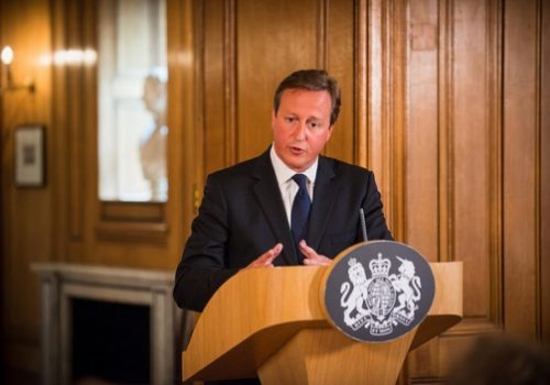 UK Prime Minister David Cameron speaks to the press, Aug. 29, 2014