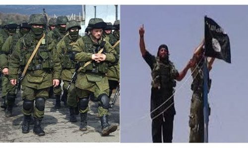 Little Green Men in Ukraine and ISIL fighters hoisting flag