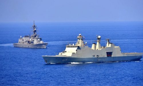 Japanese destroyer JS Takanami and Danish frigate HDMS Ebern Snare