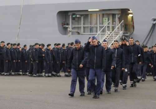Russian sailors in front of the Mistral-class helicopter carrier Vladivostok, Nov. 25, 2014