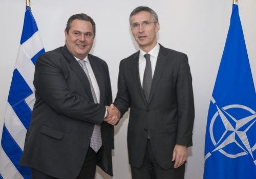 Greek Defense Minister Panos Kammenos and Secretary General Jens Stoltenberg, Feb. 4, 2015