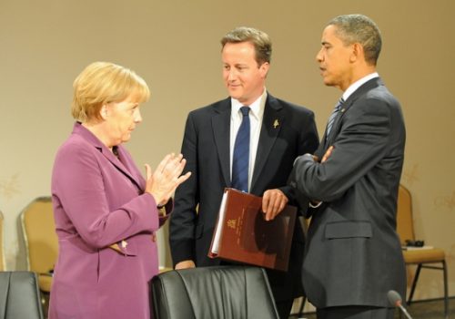 German Chancellor Angela Merkel, UK PM David Cameron, & President Barack Obama, June 25, 2009