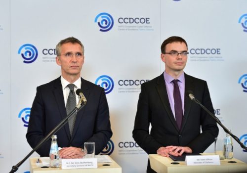 Secretary General Jens Stoltenberg and Estonian Defense Minister Sven Mikser at NATO's Cooperative Cyber Defence Centre of Excellence, Nov. 20, 2014