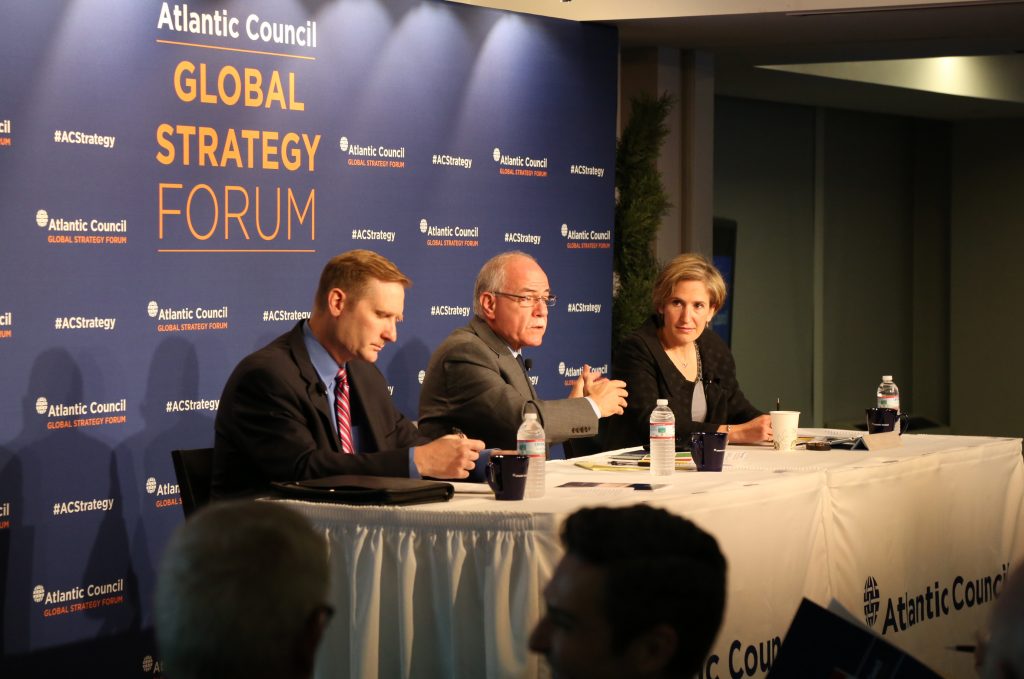 Christopher A. Preble (left), Vice President for Defense and Foreign Policy Studies at the Cato Institute, and Xenia Wickett, the Dean of The Queen Elizabeth II Academy for Leadership in International Affairs at Chatham House, debated America's role in the world at a Global Strategy Forum panel hosted by the Atlantic Council's Strategy Initiative. Hisham Melhem (center), Al Arabiya news channel’s Washington Bureau Chief, moderated the debate. (Imagelink.com/denniskan)