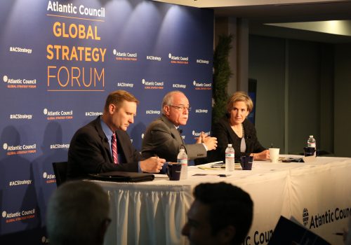 Christopher A. Preble (left), Vice President for Defense and Foreign Policy Studies at the Cato Institute, and Xenia Wickett, the Dean of The Queen Elizabeth II Academy for Leadership in International Affairs at Chatham House, debated America's role in the world at a Global Strategy Forum panel hosted by the Atlantic Council's Strategy Initiative. Hisham Melhem (center), Al Arabiya news channel’s Washington Bureau Chief, moderated the debate. (Imagelink.com/denniskan)