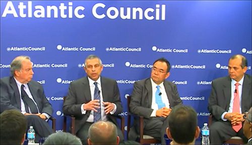 Chilean Ambassador Juan Gabriel Valdés; Singapore AmbassadorAshok Kumar Mirpuri; Kanji Yamanouchi, Minister for Economic Affairs at the Japanese Embassy; and Peruvian Ambassador Luís Miguel Castilla participate in the Atlantic Council’s June 23 panel discussion on the Trans-Pacific Partnership.
