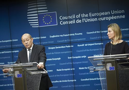 French Defense Minister Jean-Yves Le Drian and EU High Representative Federica Mogherini, Nov. 17, 2015