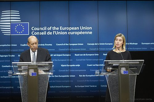 EU High Representative Federica Mogherini and French Defense Minister Jean-Yves Le Drian, Nov. 17, 2015